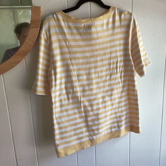 Chico's Yellow & White Striped Scoop Neck Tee. Banded bottom hem. Sz 2 or L - Picture 4 of 6